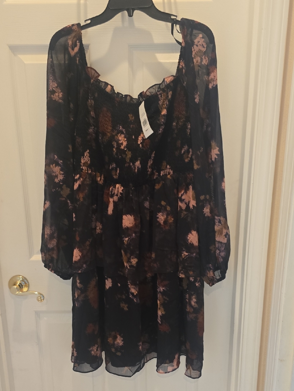 Fashion to Figure Black Sheer Floral Peasant Dress with Pink & Brown Accents